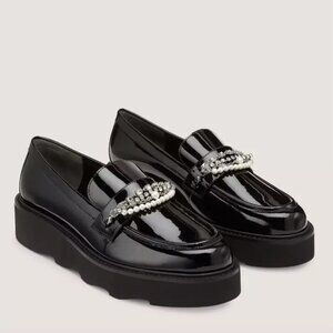 $575 STUART WEITZMAN Pearldrop Platform Loafer PLATFORM PATENT BLACK 6.5 (DB22)